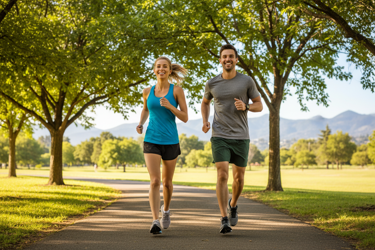 couple exercising running happy together 